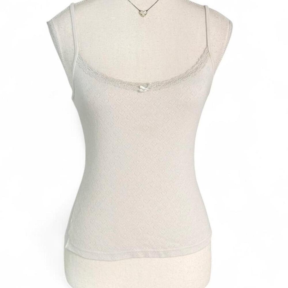 Brandy Melville White Embroidered Hearts print lace fitted tank top one size